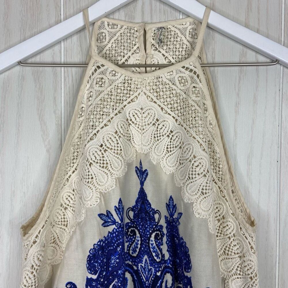 Free People Shea Mini Dress Blue Cream Size XS Boho Festival Swing Slip - Picture 4 of 7